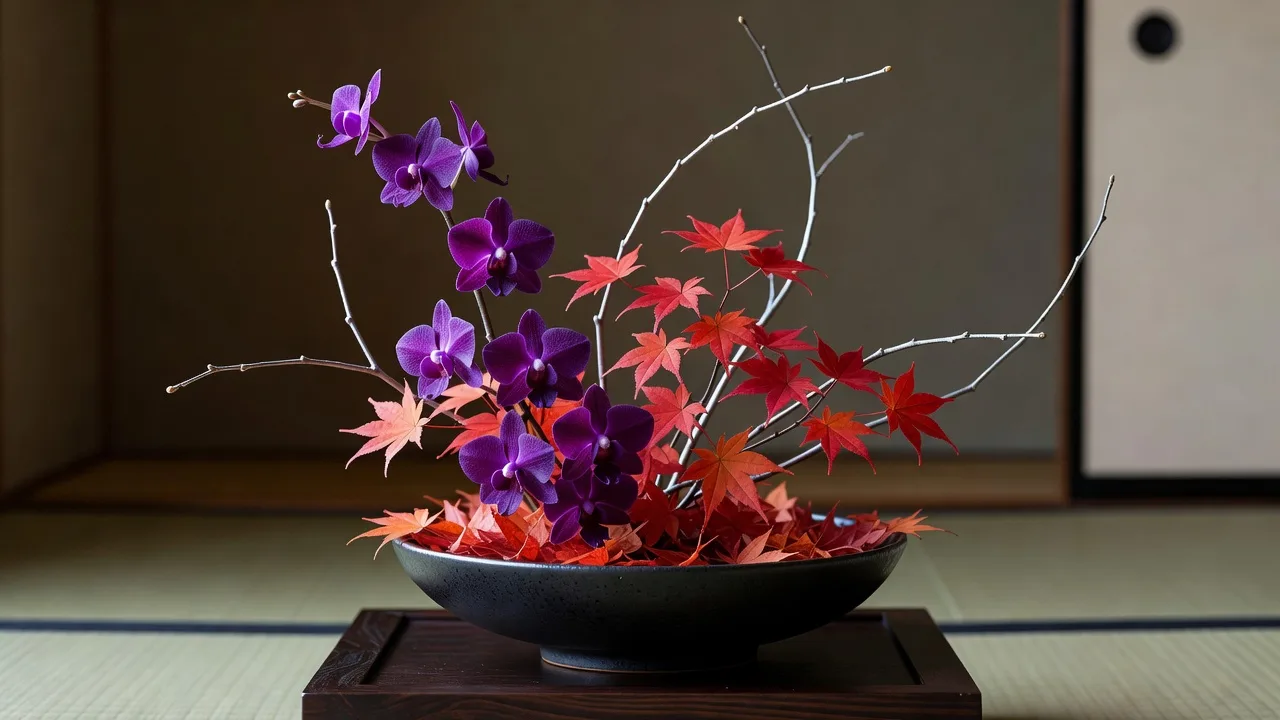 紅葉の枝と紫の蘭を平たい器に生けた秋の生け花風アレンジ