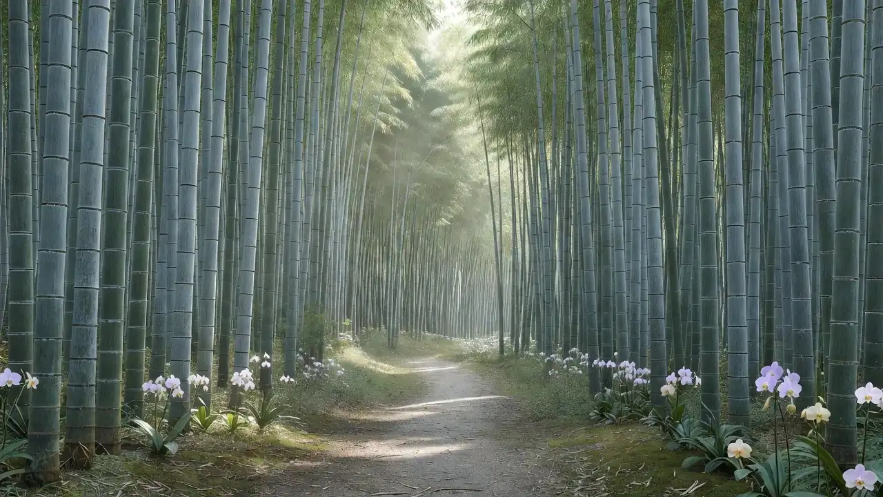竹林の小径の脇に咲く白や紫の蘭のイメージ