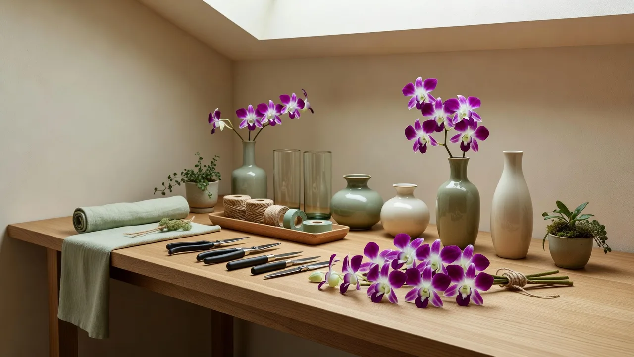 花器と花ばさみ、蘭の切り花を並べた木の作業台