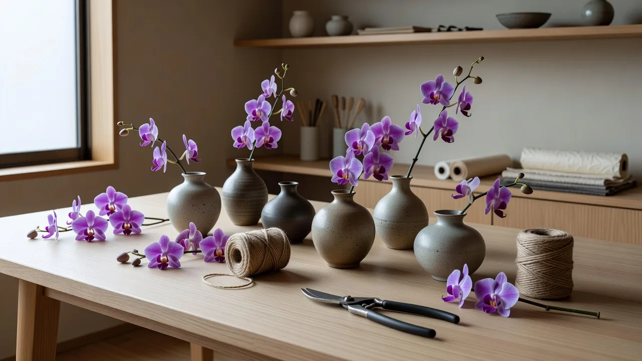 小さな花器に生けた蘭と麻ひも、花ばさみが並ぶ作業台
