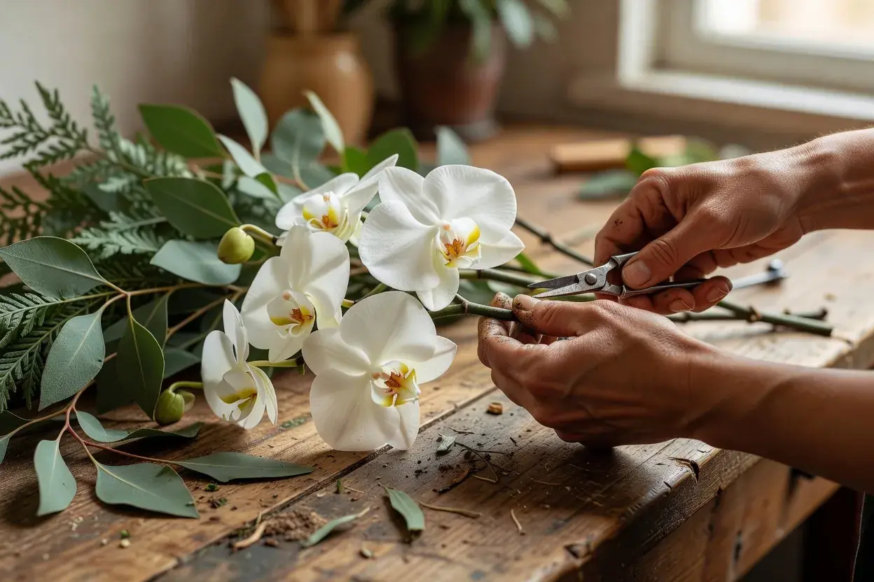 白い蘭と葉ものの茎を花ばさみで整える手元