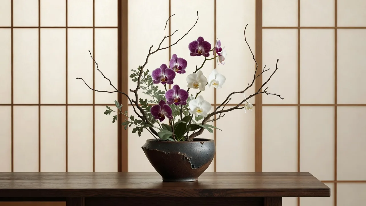障子の前で枝ものと蘭を陶器の鉢に生けた生け花風アレンジ