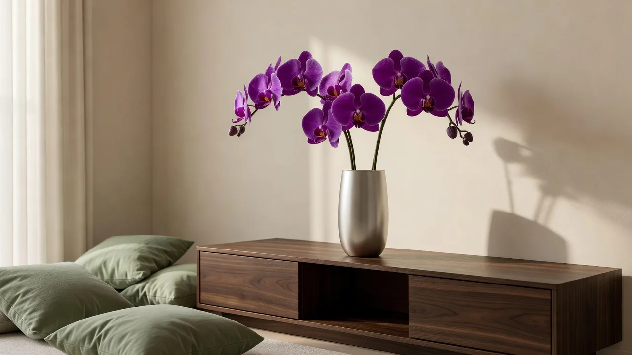 リビングのローボードに置いた銀色の花器の紫の胡蝶蘭
