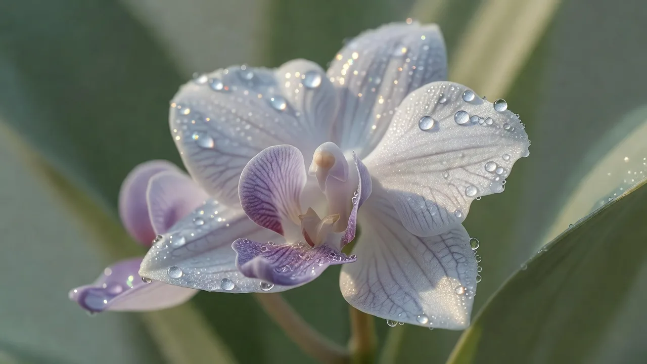 水滴をまとった白い蘭の花びらのクローズアップ