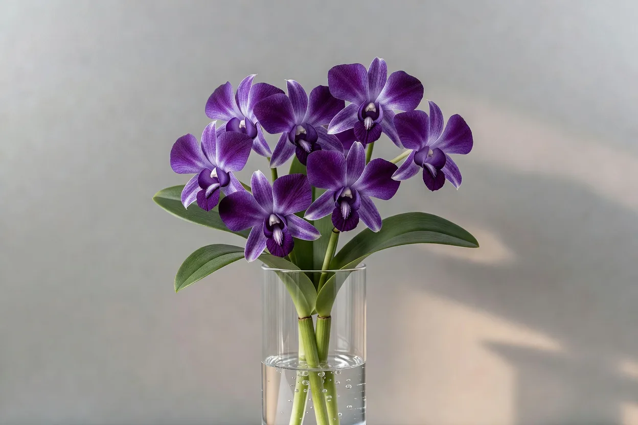 ガラスの花器に生けた紫のデンドロビウム