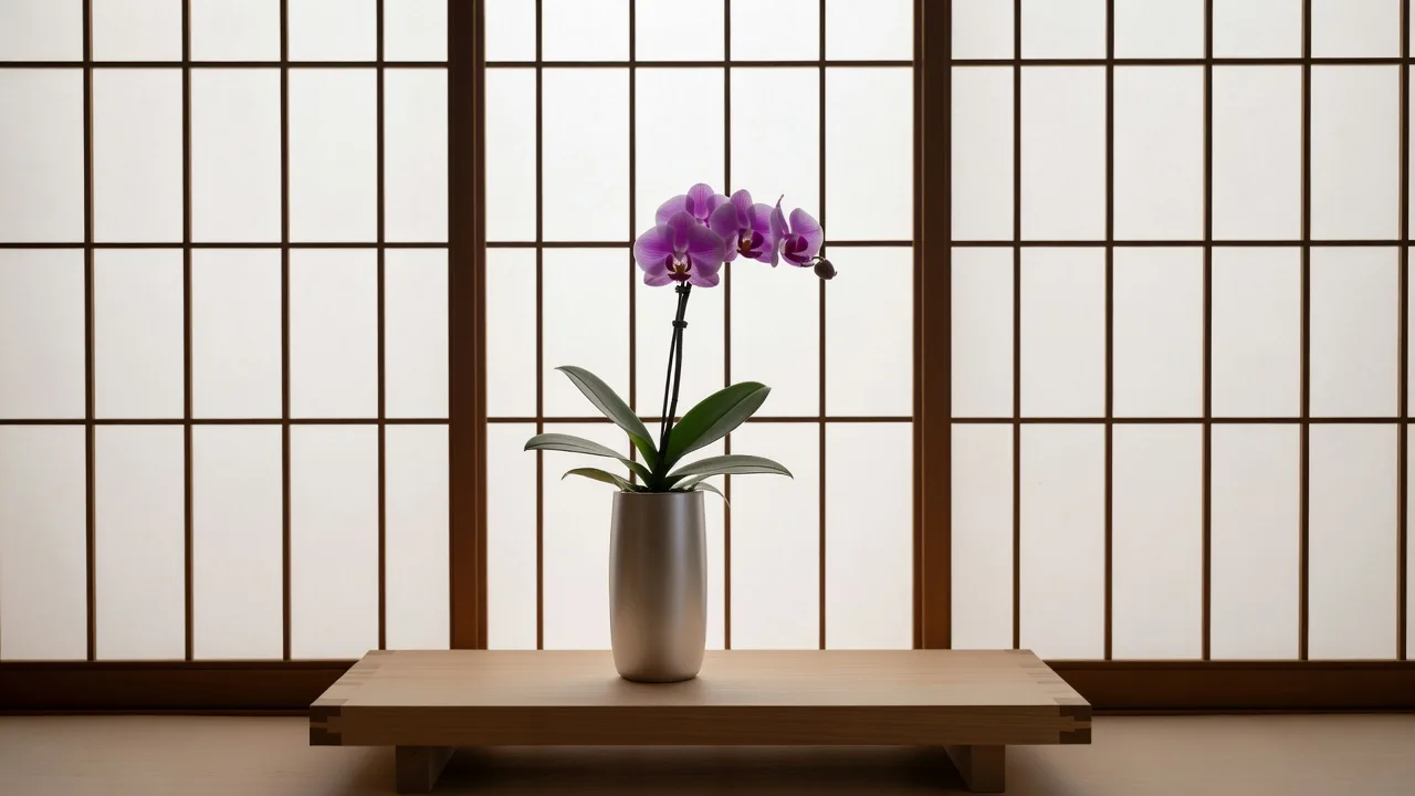 障子の前の台に置いた銀色の細身の花器と紫の蘭