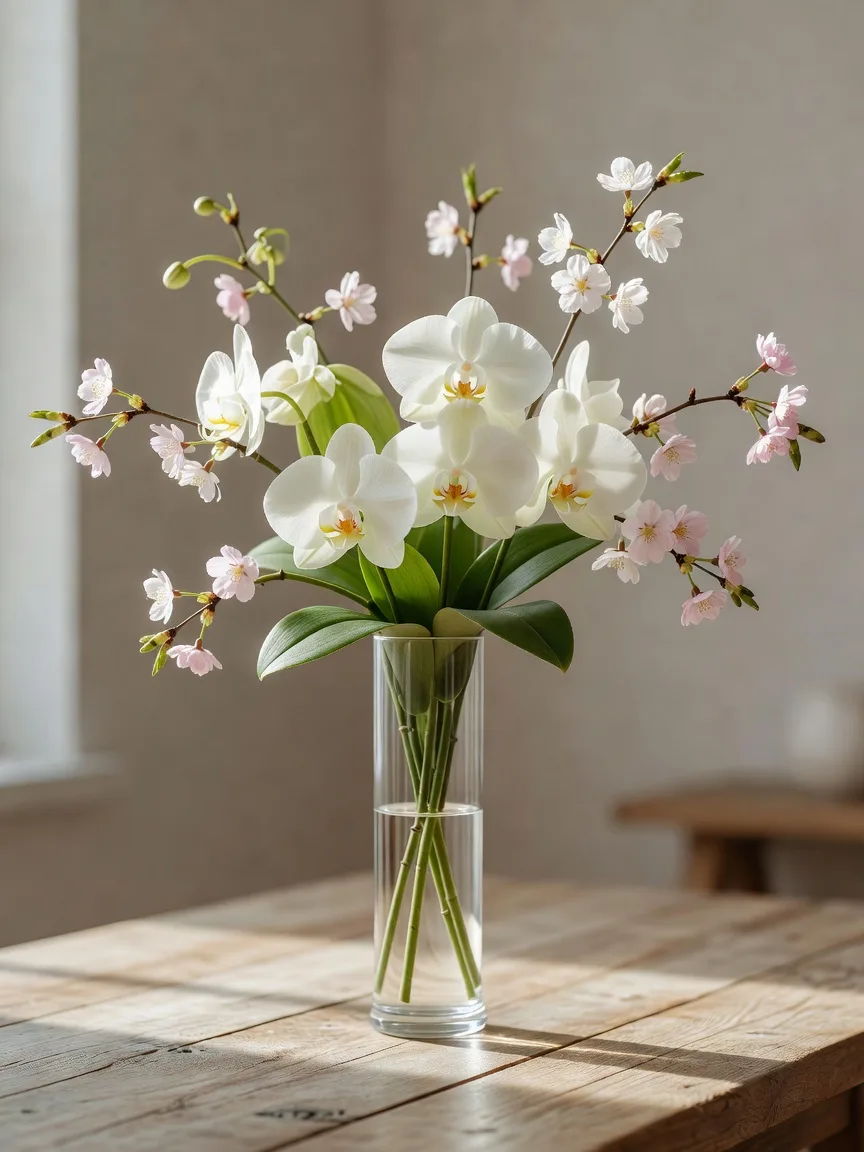 白い蘭と桜の枝をガラスの花器に生けたアレンジ