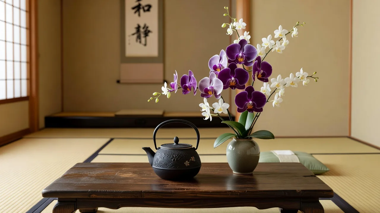 茶室の低い机に置いた鉄瓶と小さな花器の蘭