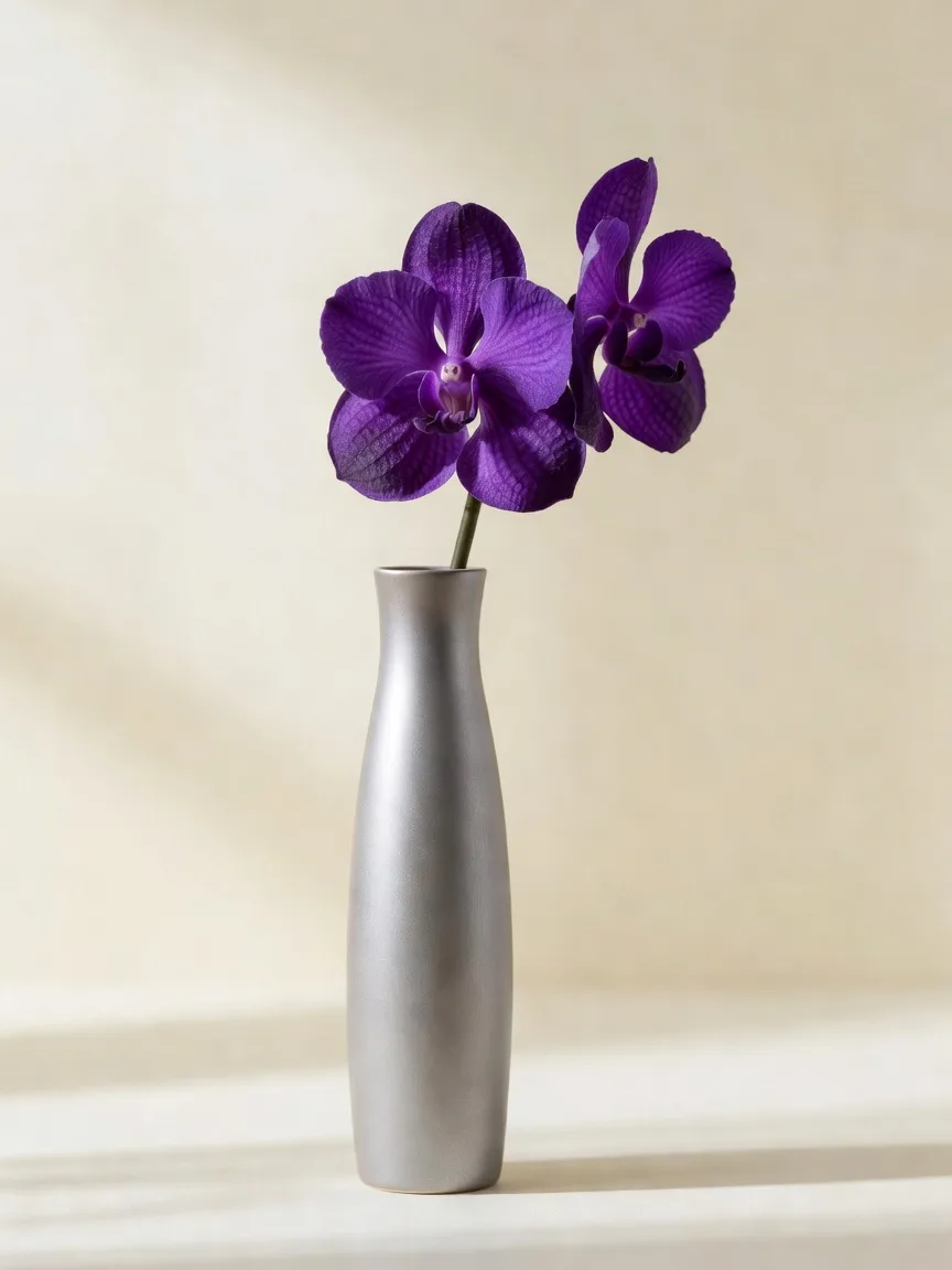 銀色の細身の花器に生けた濃い紫の蘭